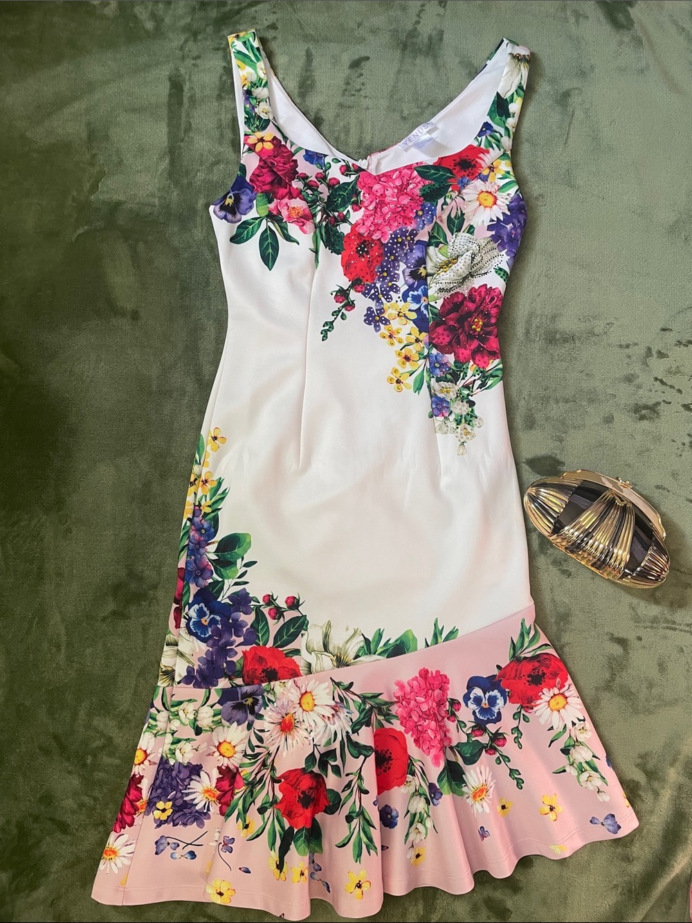 Venus Floral Scoop Neck White & Pink Sleeveless Dress Size Small